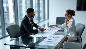 Imagem mostra empresário contábil negociando com outra empresária dentro de um escritório contábil