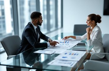Imagem mostra empresário contábil negociando com outra empresária dentro de um escritório contábil
