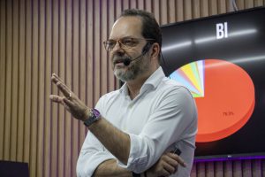Anderson Hernandes falando com uma tela com BI ao fundo, para ilustrar a importância da contabilidade consultiva