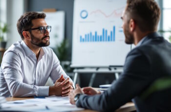 Imagem mostra dois empresários contábeis discutindo como comprar carteira de clientes de Contabilidade