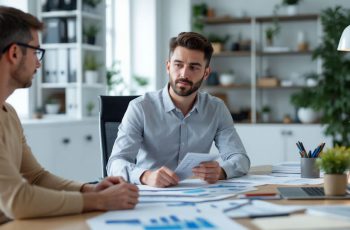 Equipe em um escritório moderno analisando gráficos financeiros e relatórios detalhados, retratando o conceito de BPO financeiro na contabilidade de forma estratégica e profissional.