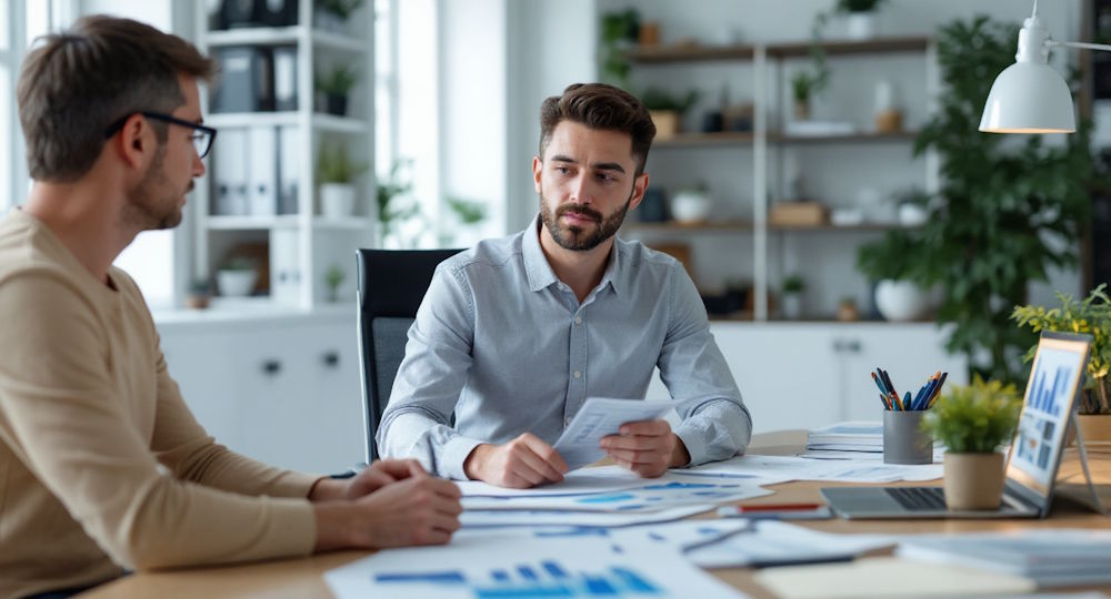 Equipe em um escritório moderno analisando gráficos financeiros e relatórios detalhados, retratando o conceito de BPO financeiro na contabilidade de forma estratégica e profissional.