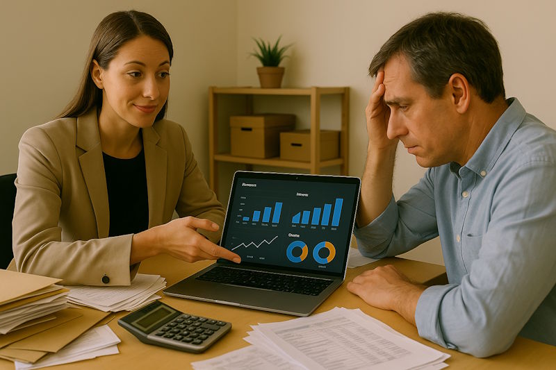 Imagem mostra empresário frustrado, enquanto contadora mostra para ele a solução do BPO Financeiro