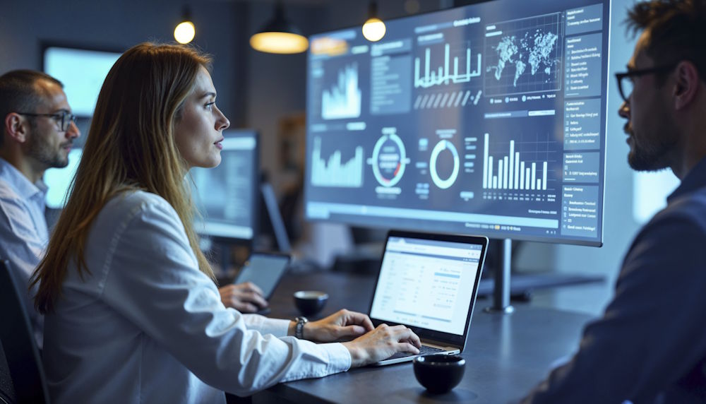 Contadora ao lado de outros empresários demonstrando sistemas para BPO Financeiro