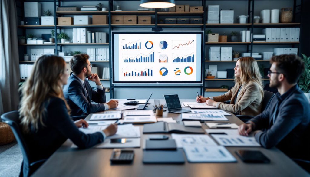 Imagem mostra profissionais sentados à mesa analisando gráficos numa tela de dashboard, para simular quanto ganha um BPO Financeiro