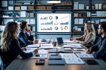 Imagem mostra profissionais sentados à mesa analisando gráficos numa tela de dashboard, para simular quanto ganha um BPO Financeiro