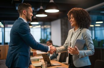 Duas pessoas apertando as mãos em ambiente corporativo, simulando como atrair clientes para um escritório contábil