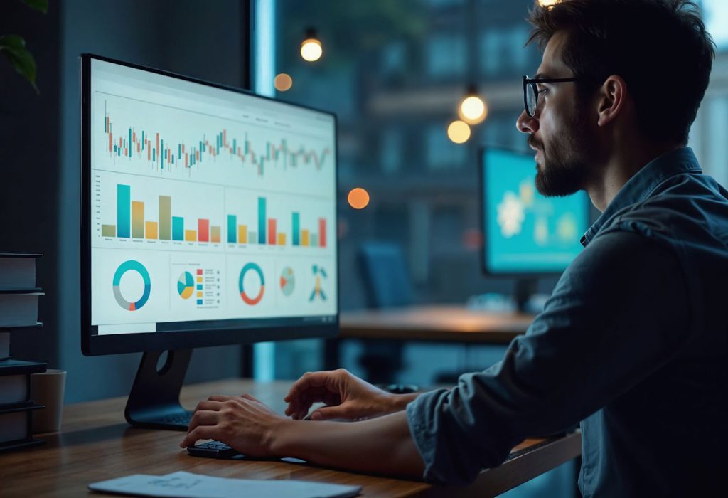 Jovem mexendo no computador com gráficos na tela, para simbolizar resultados de marketing digital para contadores