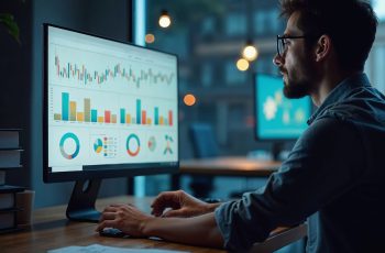 Jovem mexendo no computador com gráficos na tela, para simbolizar resultados de marketing digital para contadores