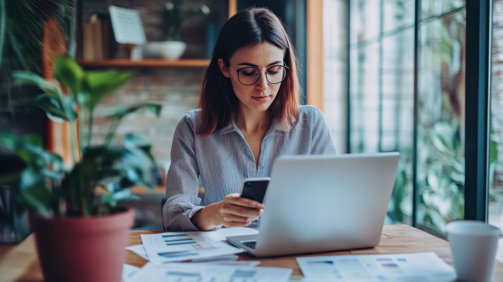 Imagem mostra mulher mexendo no computador com papéis em sua mesa, para ilustrar como abrir um escritório de contabilidade online