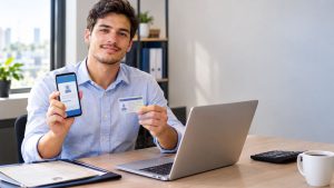 Contador recém-formado segurando a carteira do CRC física e a versão digital no celular