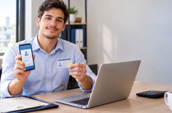 Contador recém-formado segurando a carteira do CRC física e a versão digital no celular