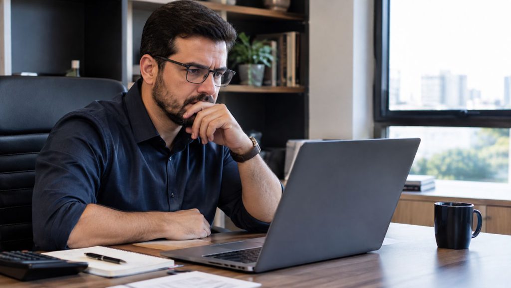 Imagem mostra contador em seu escritório olhando reflexivo para o notebook, como se analisasse a plataforma Sieg